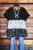 GRACEFUL SIMPLICITY FLORAL BABYDOLL TOP SIZE S-3X IN BLACK & MULTI-COLOR