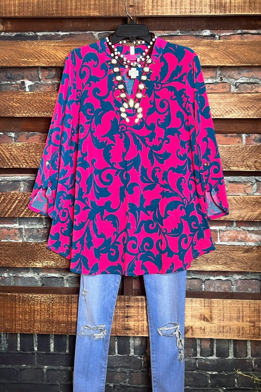 BEAUTIFUL MORNING DAMASK CORAL & TEAL BLOUSE