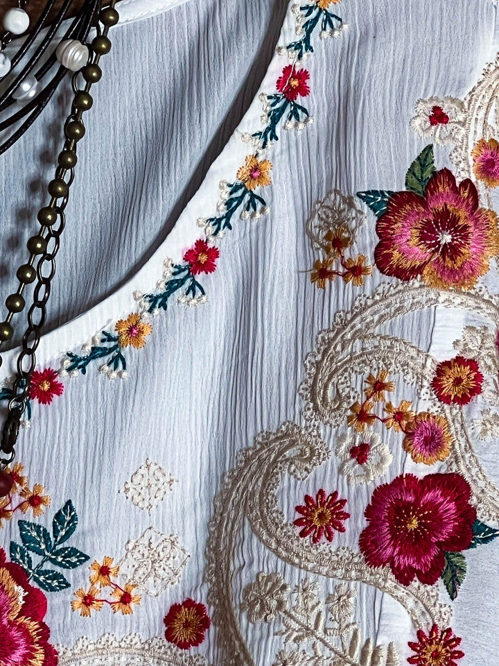 There You Go Vintage Boho Embroidered Top - Ivory