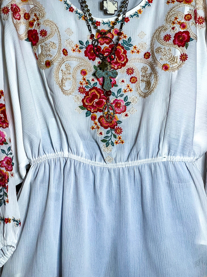 There You Go Vintage Boho Embroidered Top - Ivory