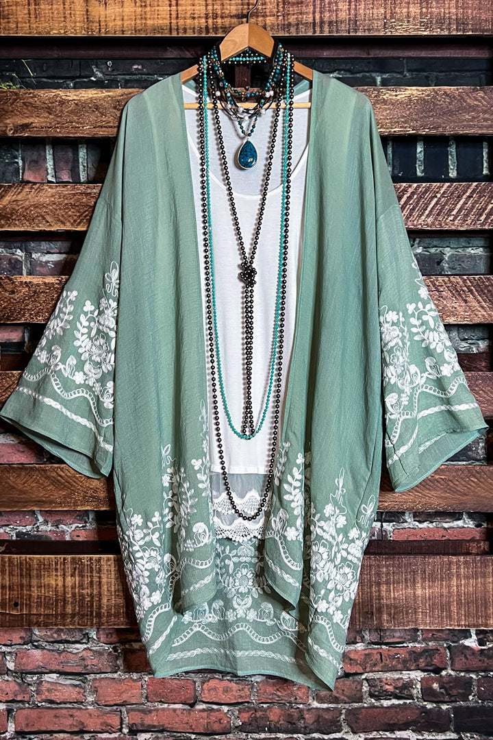OUR ORIGINAL LOVE BOHO GAUZE FLORAL EMBROIDERED KIMONO IN SAGE