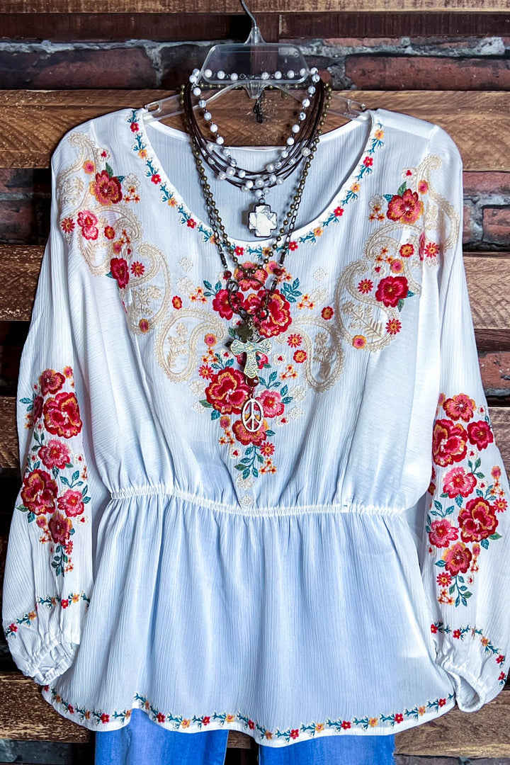 There You Go Vintage Boho Embroidered Top - Ivory