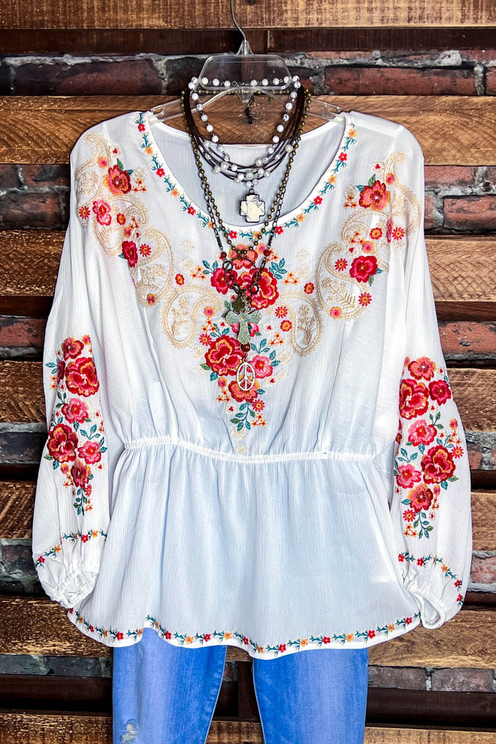 There You Go Vintage Boho Embroidered Top - Ivory