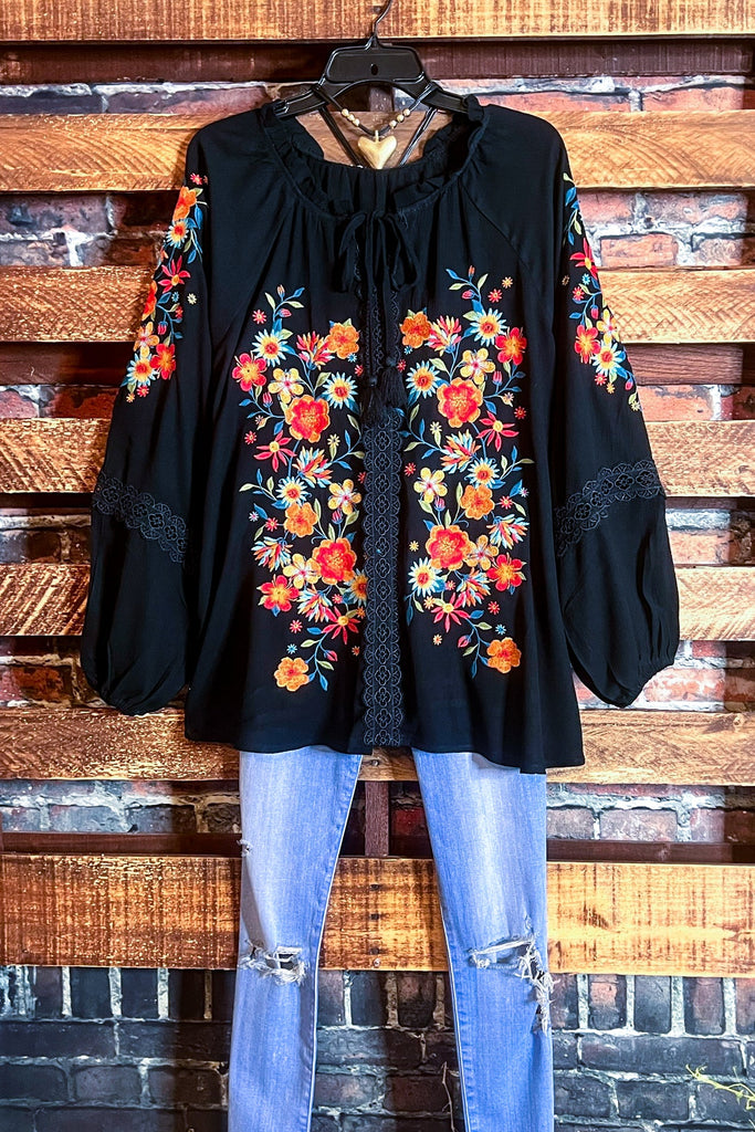 Give Me Good Times Black Floral Embroidered Top