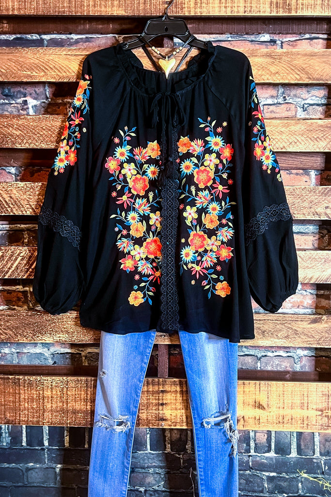 Give Me Good Times Black Floral Embroidered Top