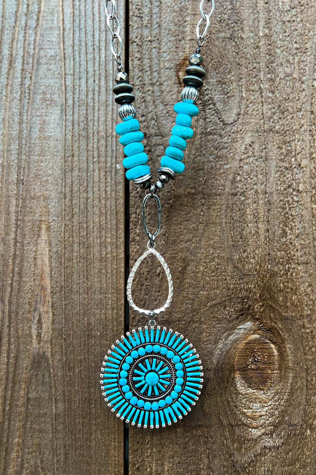 BEAUTIFUL THINGS CONCHO NECKLACE IN BLUE TURQUOISE