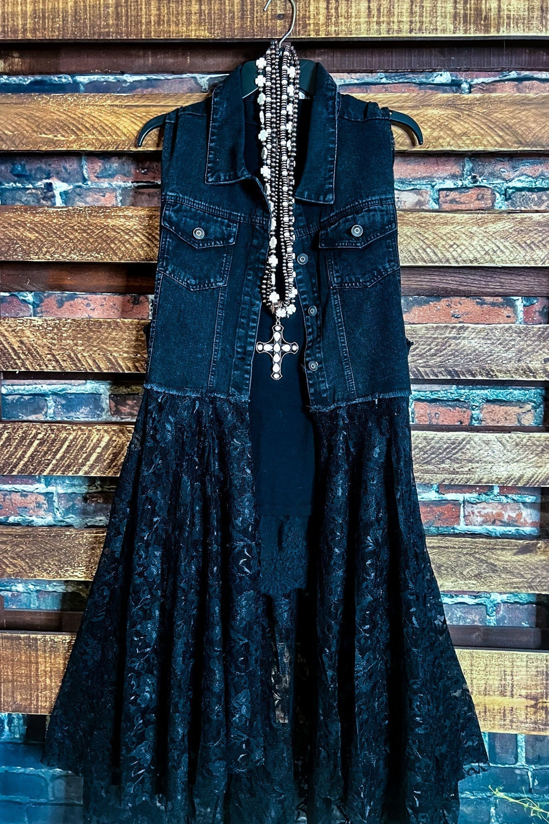 NEVER OUT OF STYLE BOHO DENIM & LACE VEST IN BLACK