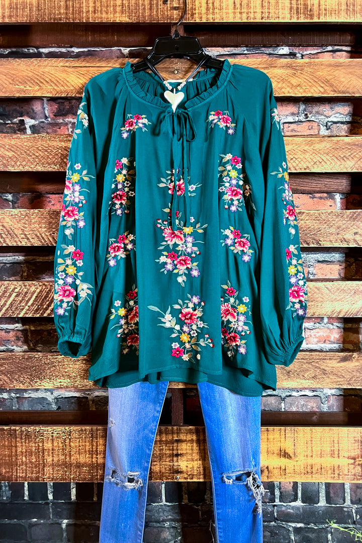 ESSENCE OF LOVE TEAL EMBROIDERED BLOUSE -------SALE