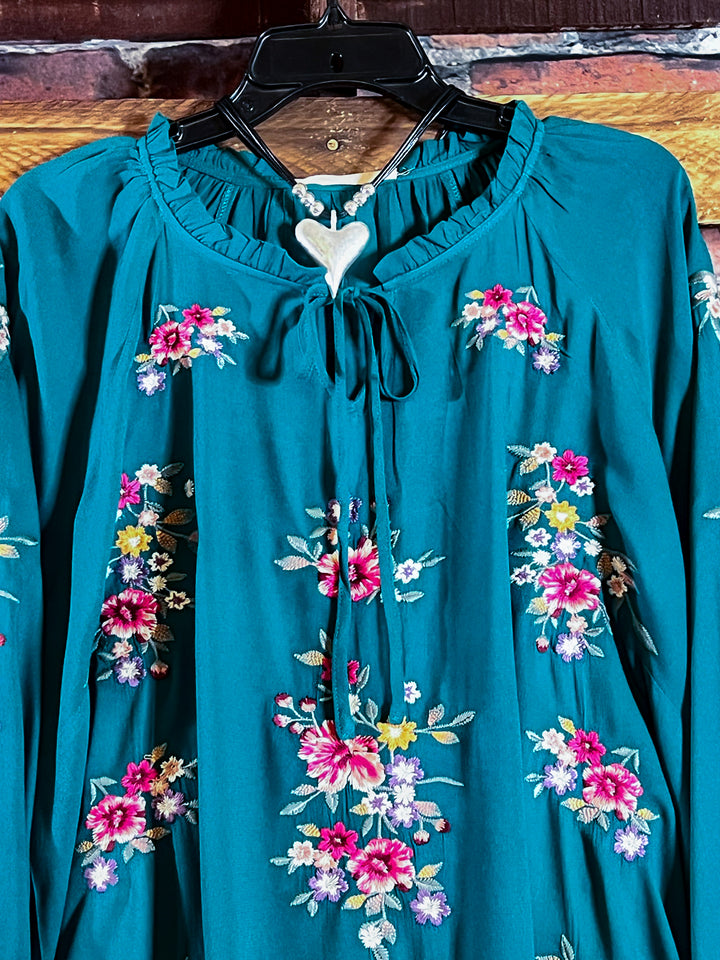 ESSENCE OF LOVE TEAL EMBROIDERED BLOUSE -------SALE