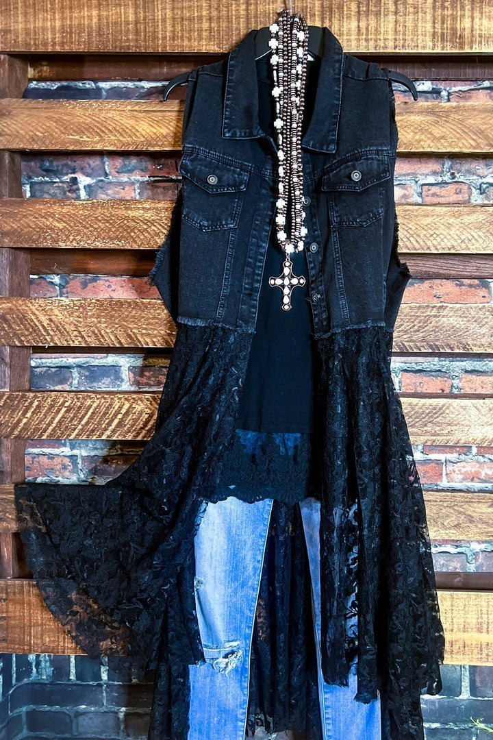 NEVER OUT OF STYLE BOHO DENIM & LACE VEST IN BLACK