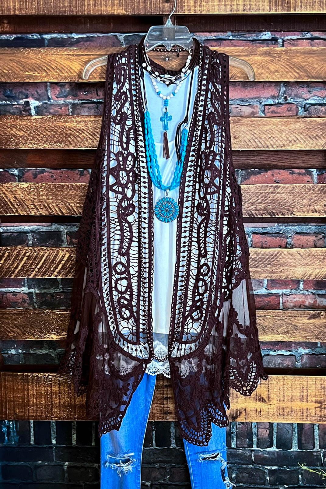 DANCIN' IN THE MOONLIGHT LACE & CROCHET VEST IN BROWN