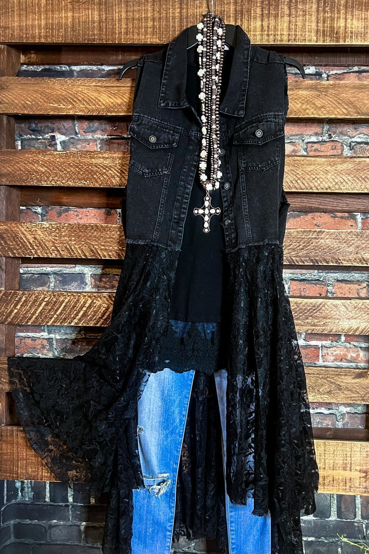NEVER OUT OF STYLE BOHO DENIM & LACE VEST IN BLACK
