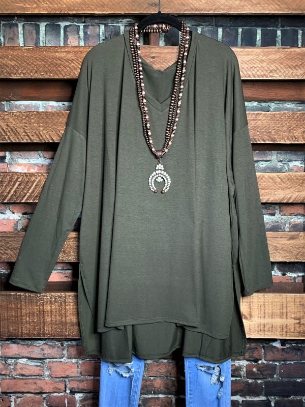 FOREVER PERFECTLY SIMPLE & OVERSIZED T-TUNIC IN ASH OLIVE -----------SALE