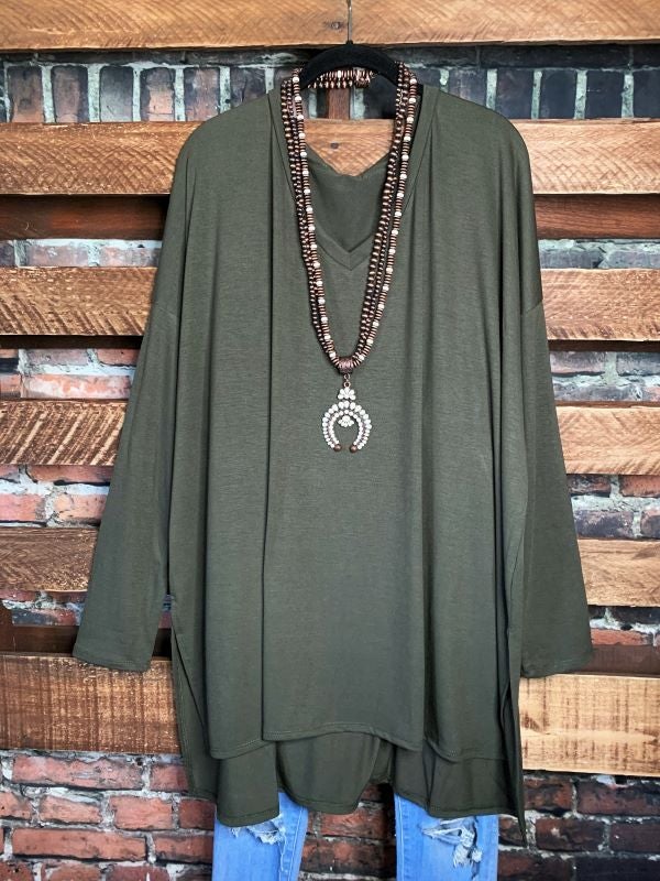 FOREVER PERFECTLY SIMPLE & OVERSIZED T-TUNIC IN ASH OLIVE -----------SALE