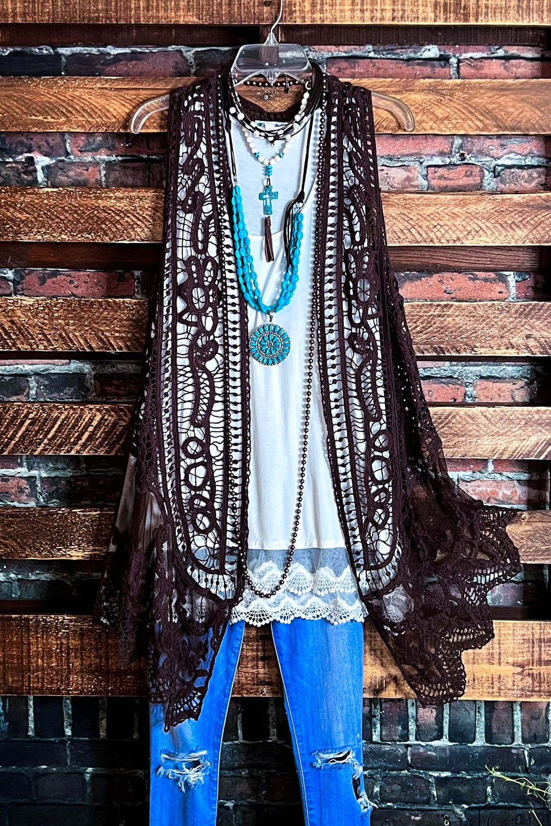 DANCIN' IN THE MOONLIGHT LACE & CROCHET VEST IN BROWN