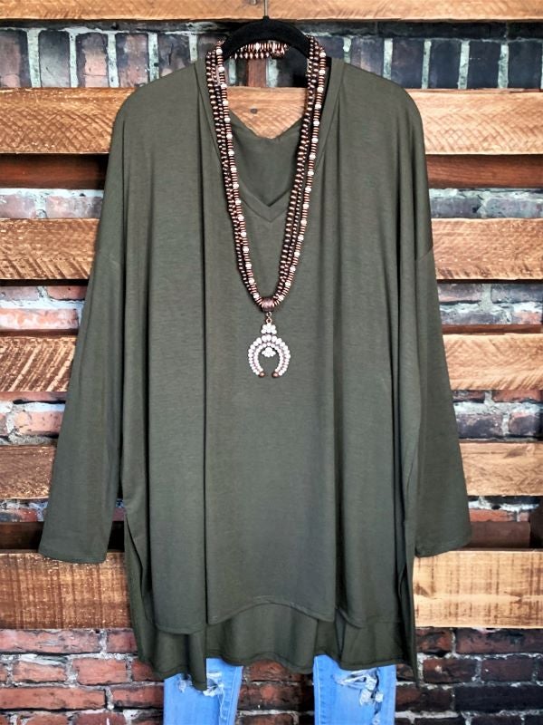 FOREVER PERFECTLY SIMPLE & OVERSIZED T-TUNIC IN ASH OLIVE -----------SALE