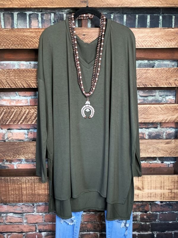 FOREVER PERFECTLY SIMPLE & OVERSIZED T-TUNIC IN ASH OLIVE -----------SALE