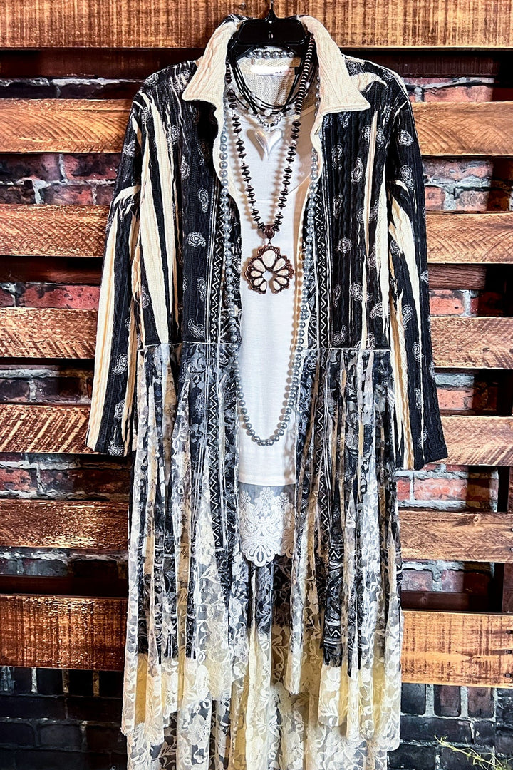 SECRET ORIGINS FAB LACE BLACK & BEIGE PAISLEY CARDIGAN LONG JACKET