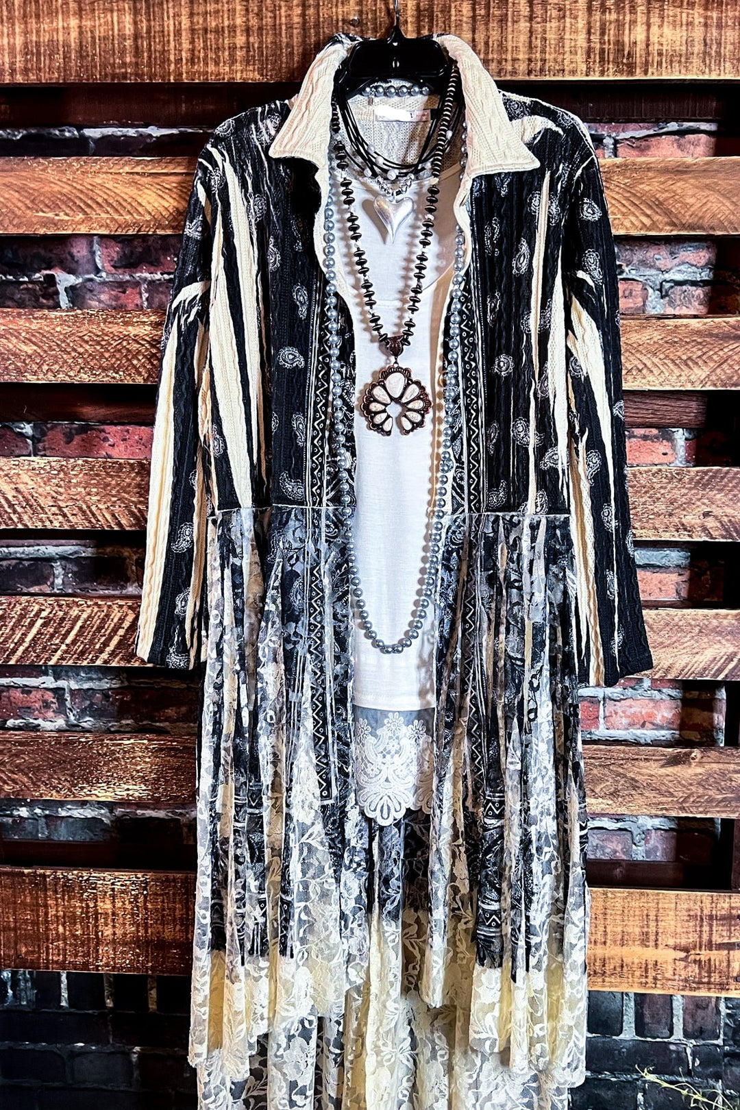 SECRET ORIGINS FAB LACE BLACK & BEIGE PAISLEY CARDIGAN LONG JACKET