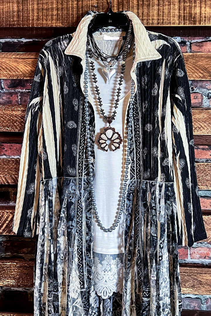 SECRET ORIGINS FAB LACE BLACK & BEIGE PAISLEY CARDIGAN LONG JACKET