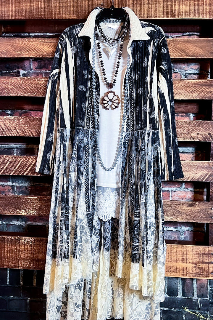 SECRET ORIGINS FAB LACE BLACK & BEIGE PAISLEY CARDIGAN LONG JACKET