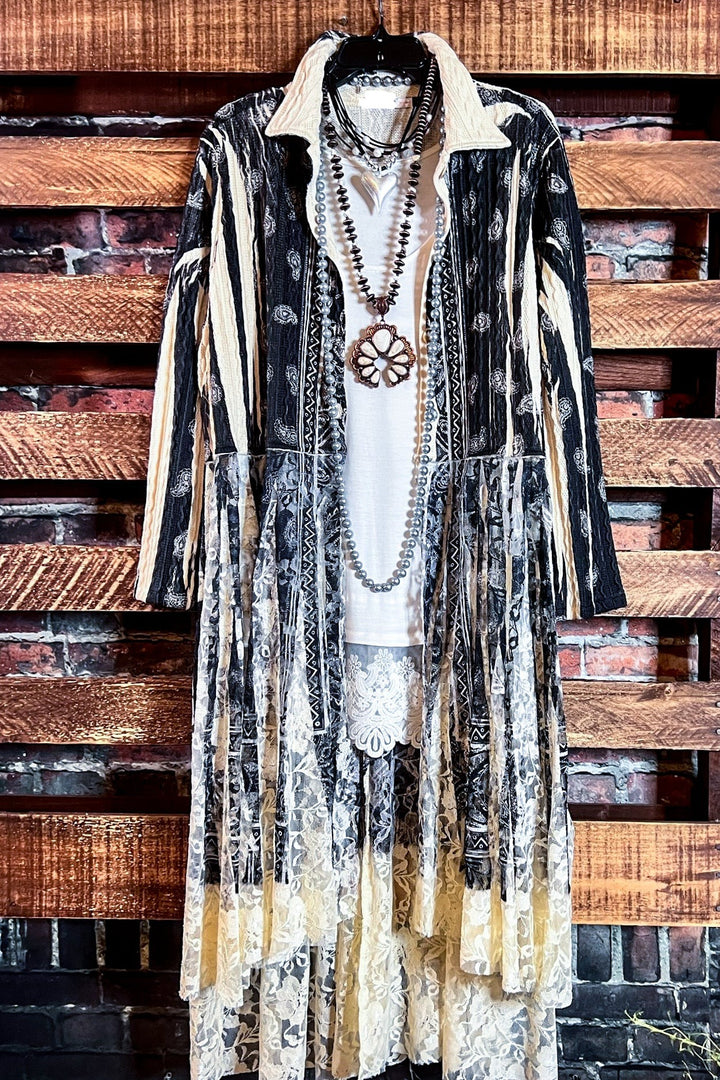 SECRET ORIGINS FAB LACE BLACK & BEIGE PAISLEY CARDIGAN LONG JACKET