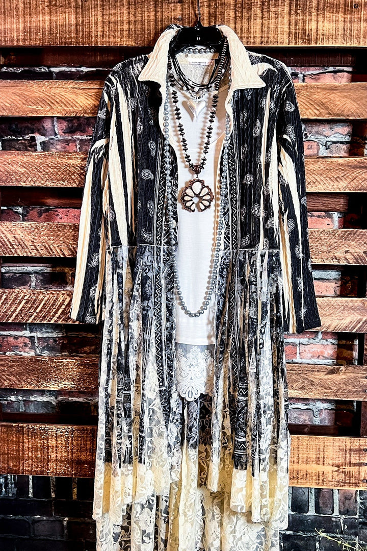 SECRET ORIGINS FAB LACE BLACK & BEIGE PAISLEY CARDIGAN LONG JACKET
