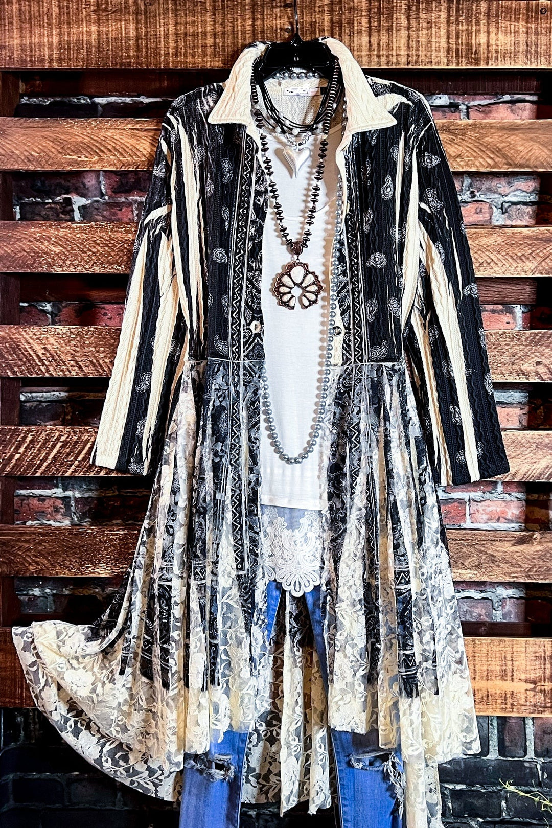 SECRET ORIGINS FAB LACE BLACK & BEIGE PAISLEY CARDIGAN LONG JACKET