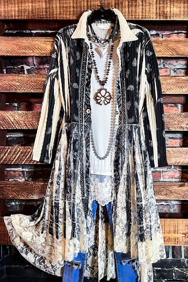 SECRET ORIGINS FAB LACE BLACK & BEIGE PAISLEY CARDIGAN LONG JACKET