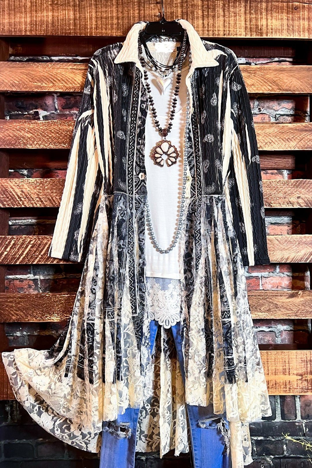 SECRET ORIGINS FAB LACE BLACK & BEIGE PAISLEY CARDIGAN LONG JACKET