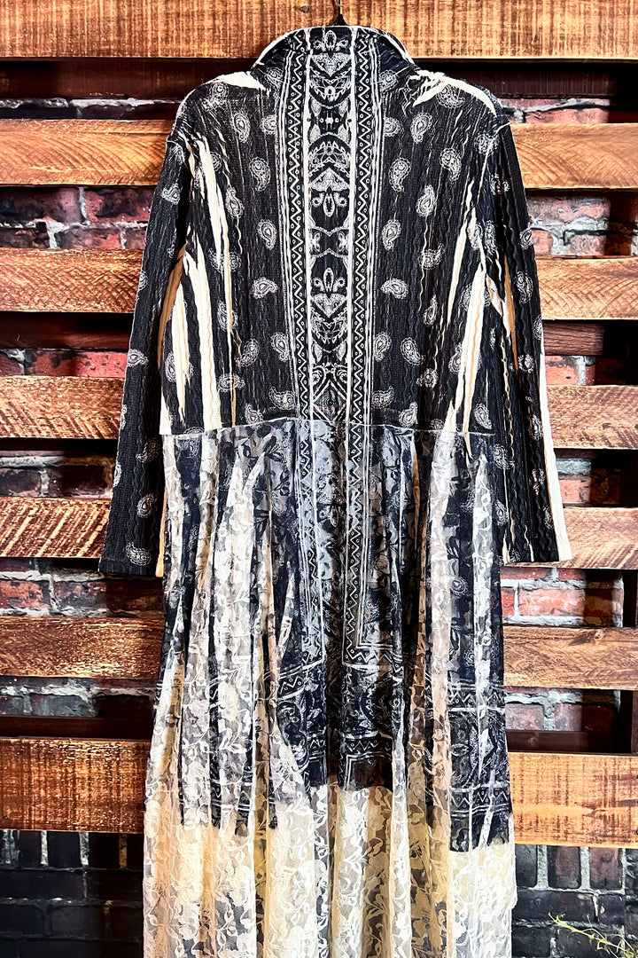 SECRET ORIGINS FAB LACE BLACK & BEIGE PAISLEY CARDIGAN LONG JACKET