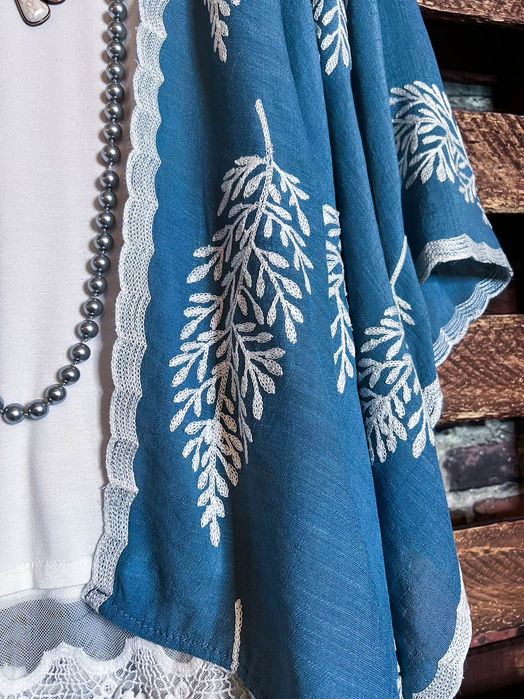 SEA BREEZE ESCAPE RESORT BLUE BOHO EMBROIDERED KIMONO