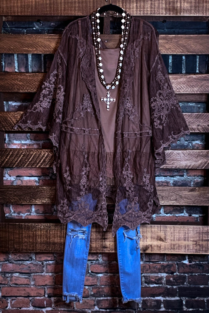 VINTAGE ANGEL EMBROIDERED OVERSIZED LACE KIMONO BROWN