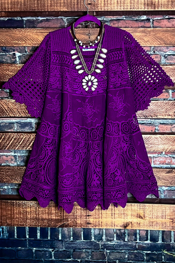 A FAIRYTALE PRETTY 100% COTTON CROCHET LACE TUNIC IN PURPLE