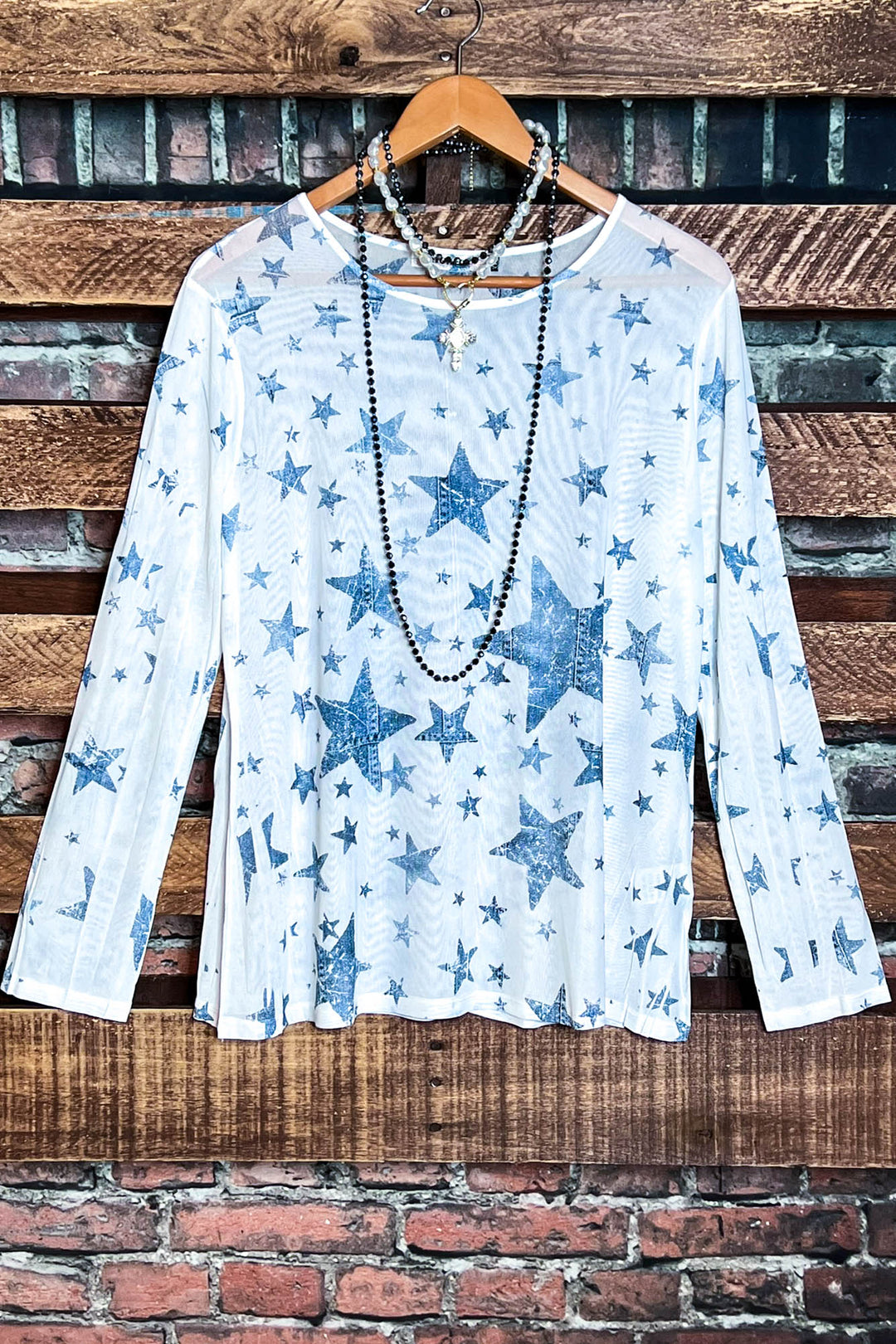 SPIRIT OF BLISS STARS BLUE DENIM MESH TOP