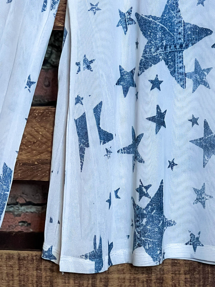 SPIRIT OF BLISS STARS BLUE DENIM MESH TOP