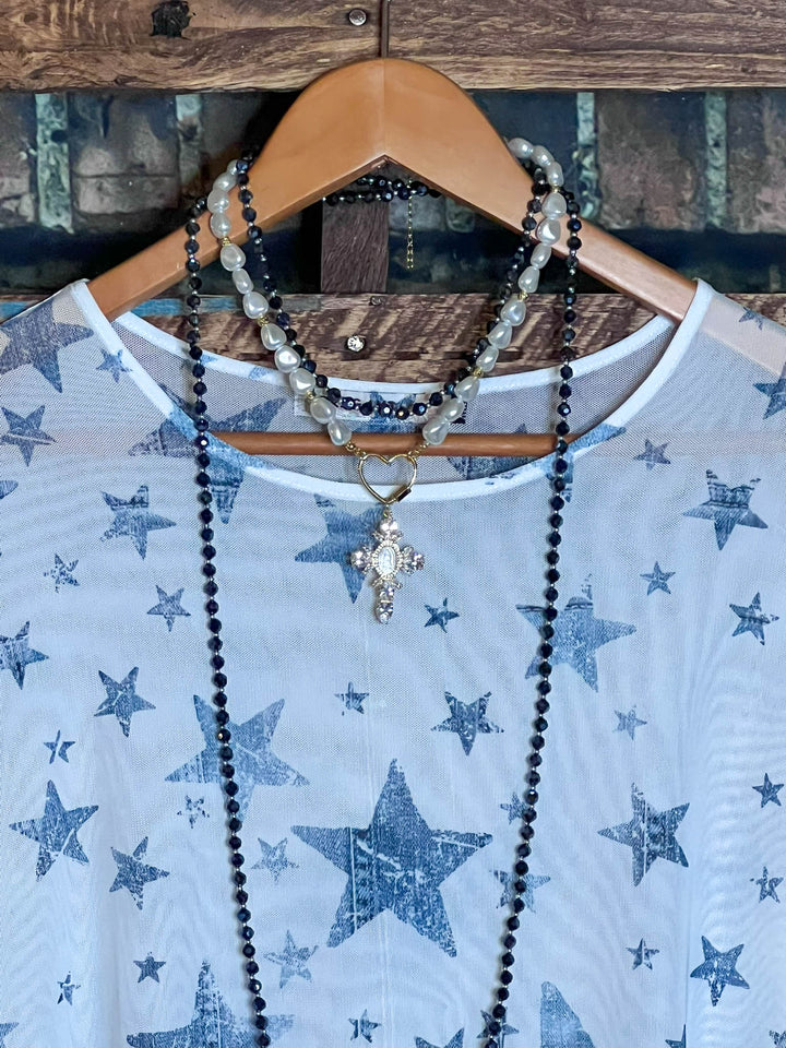 SPIRIT OF BLISS STARS BLUE DENIM MESH TOP