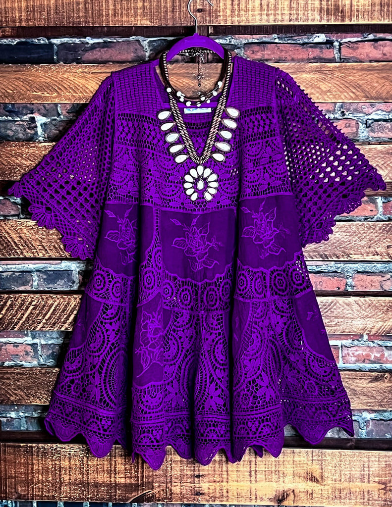 A FAIRYTALE PRETTY 100% COTTON CROCHET LACE TUNIC IN PURPLE