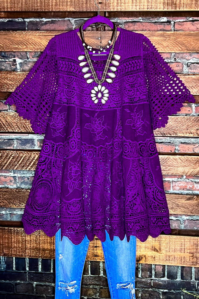 A FAIRYTALE PRETTY 100% COTTON CROCHET LACE TUNIC IN PURPLE