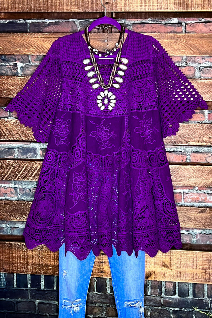 A FAIRYTALE PRETTY 100% COTTON CROCHET LACE TUNIC IN PURPLE