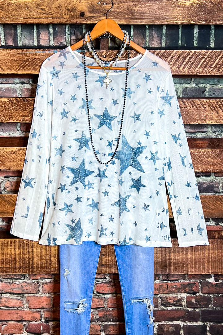SPIRIT OF BLISS STARS BLUE DENIM MESH TOP