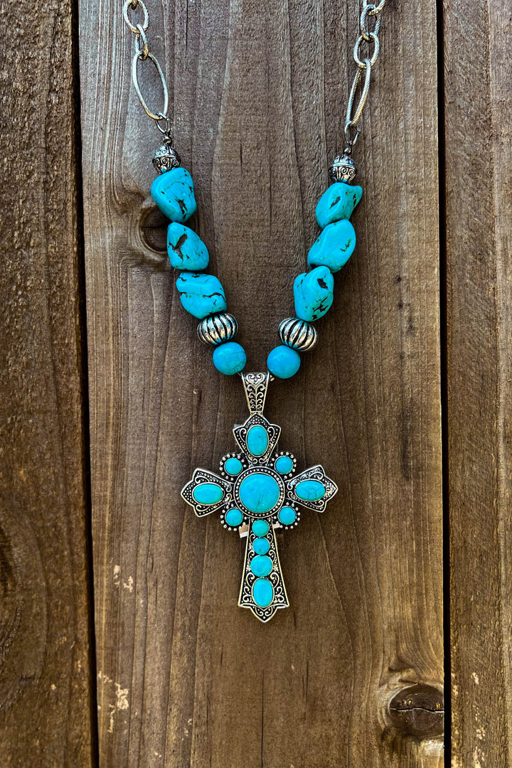You Belong To Me Cross Necklace in Blue Turquoise