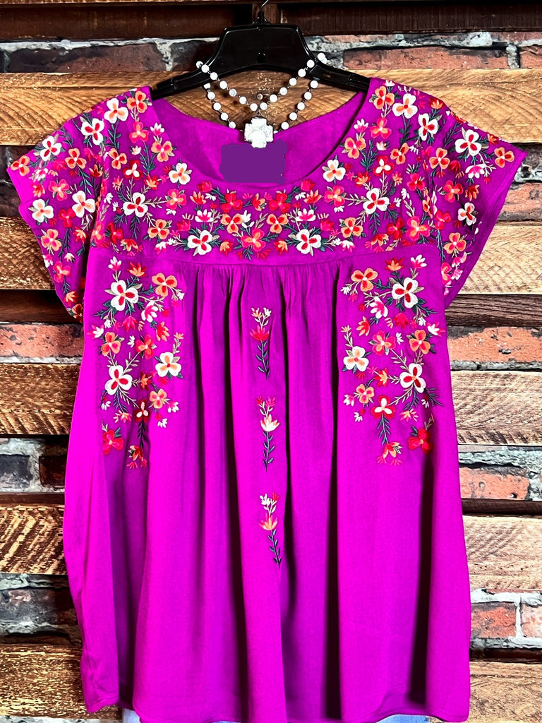 BEGIN THE JOURNEY EMBROIDERED TOP IN MAGENTA