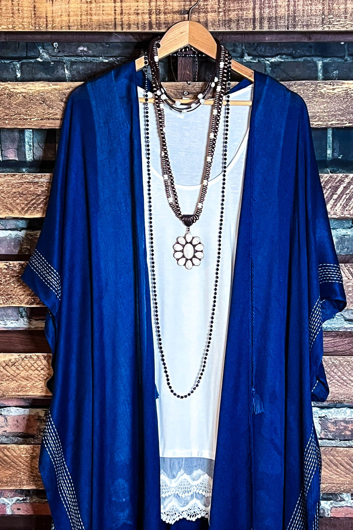 Going With The Wind Gauze Tassel Fringe Kimono in Navy Blue