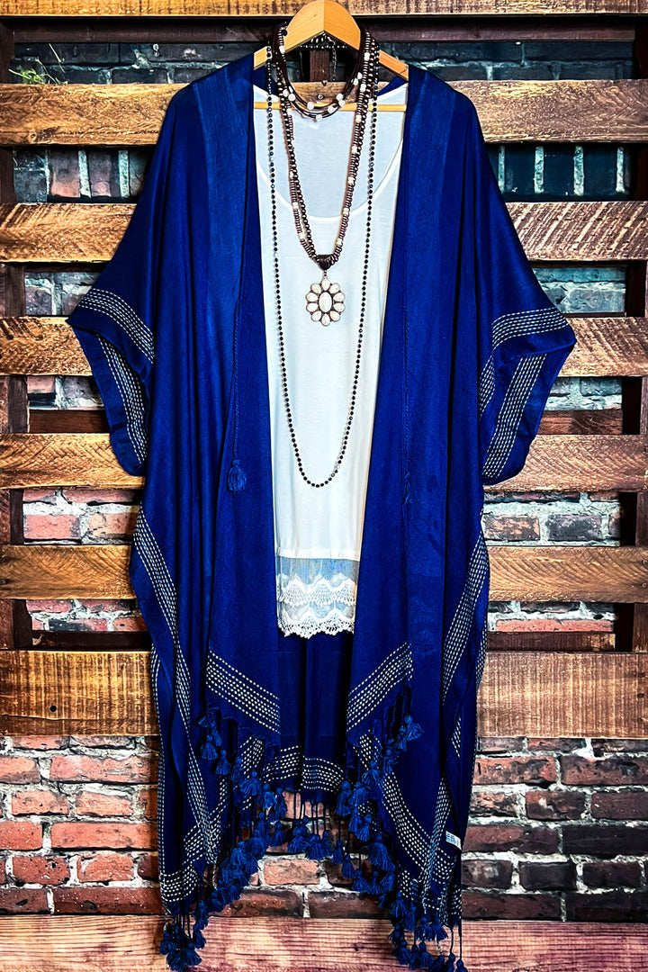 Going With The Wind Gauze Tassel Fringe Kimono in Navy Blue