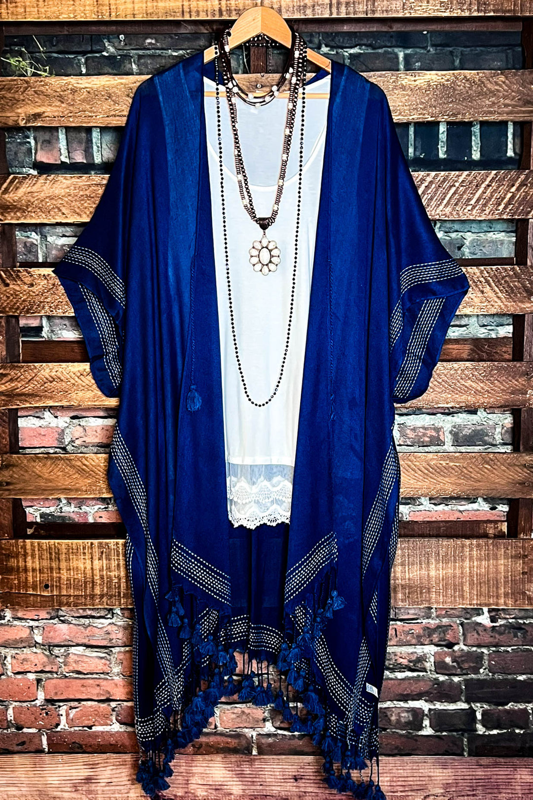 Going With The Wind Gauze Tassel Fringe Kimono in Navy Blue