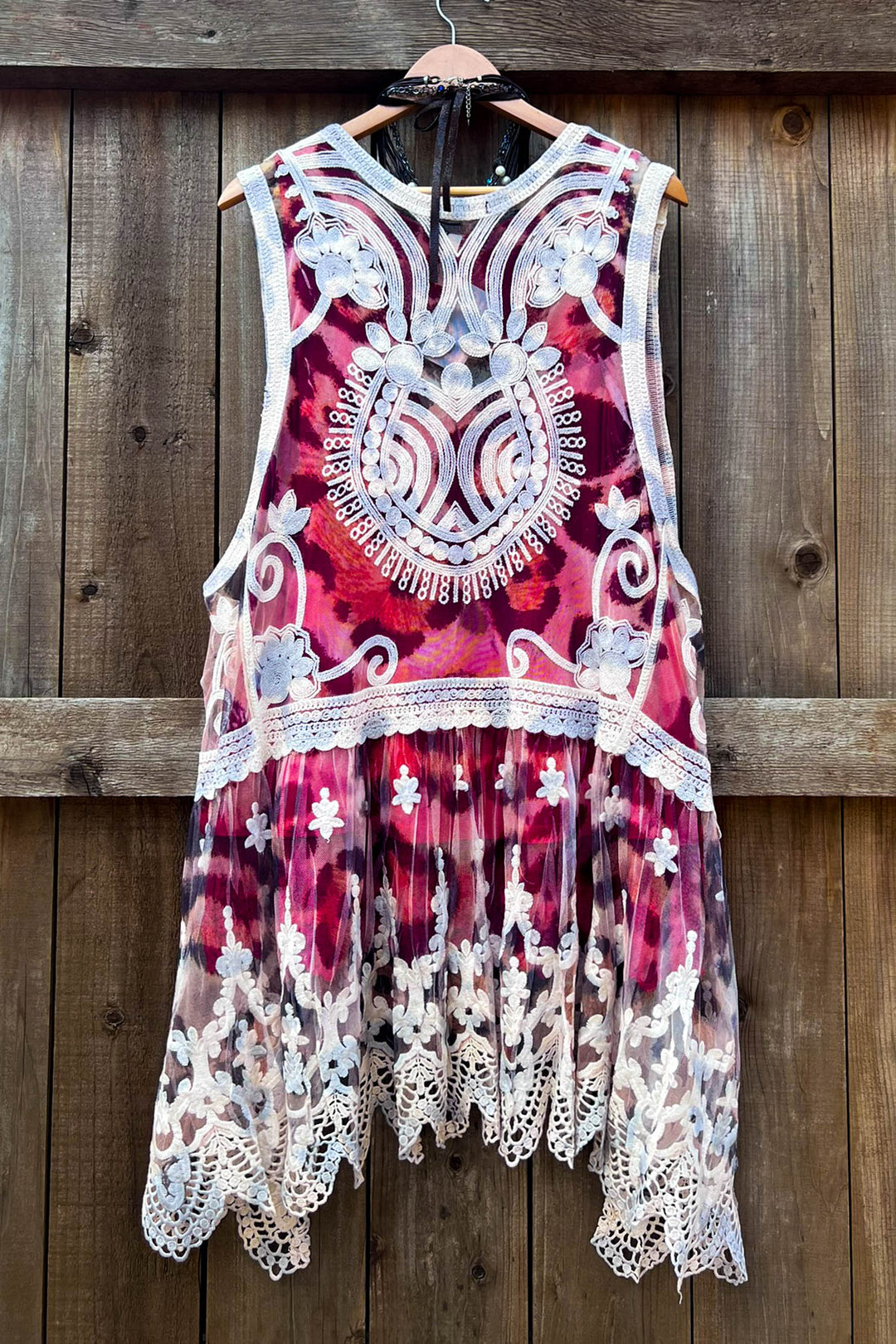 Desert Winds Embroidered Leopard Print Lace Vest