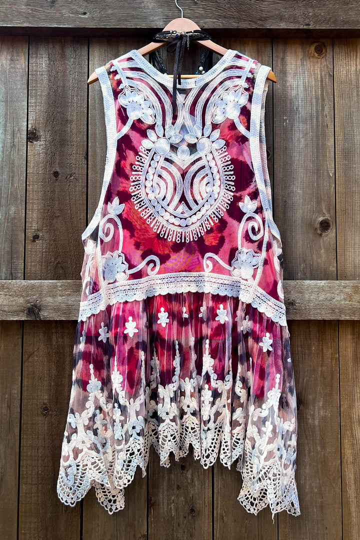 Desert Winds Embroidered Leopard Print Lace Vest