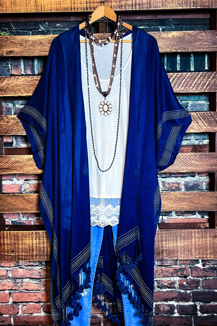 Going With The Wind Gauze Tassel Fringe Kimono in Navy Blue