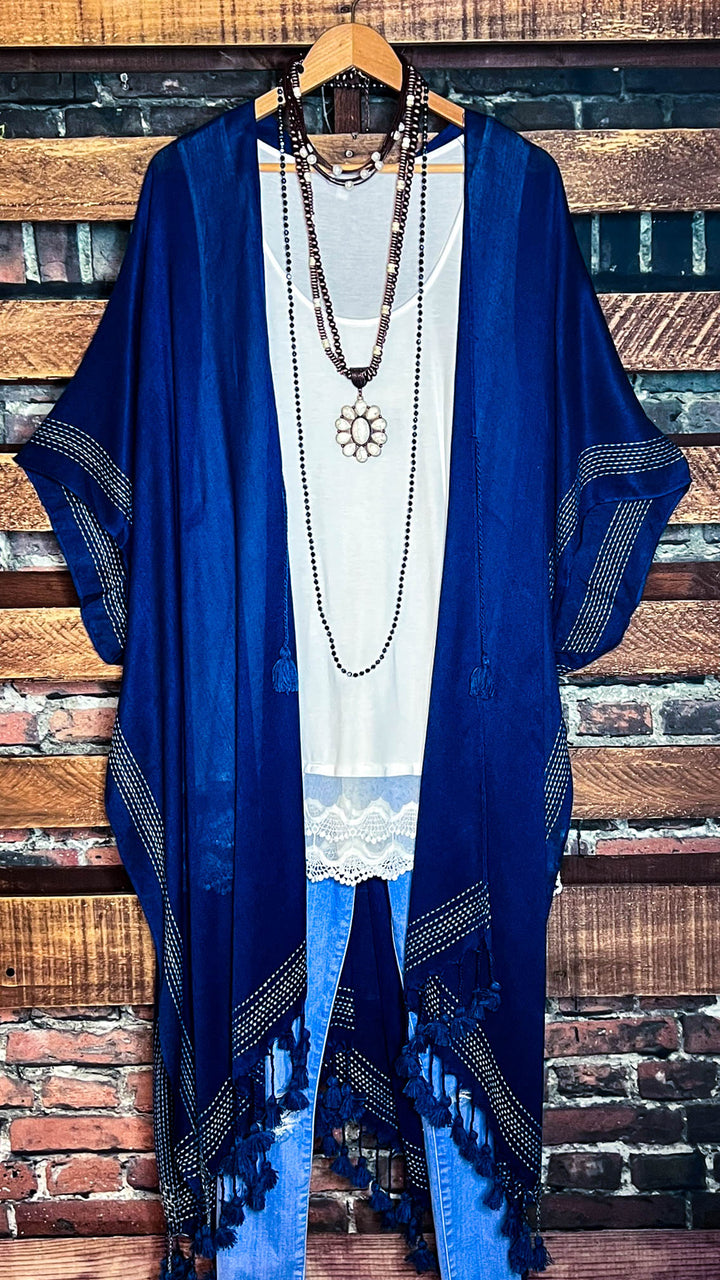 Going With The Wind Gauze Tassel Fringe Kimono in Navy Blue